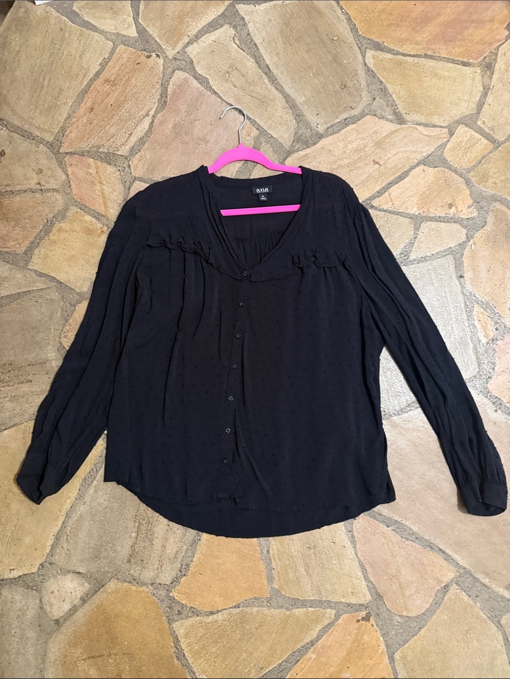 a.n.a Black Button-Front Ruffle Yoke Blouse